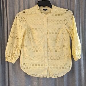 Talbots Top Womens P Butter Yellow Eyelet 3/4 Sleeve Spring Easter Lined Grandma